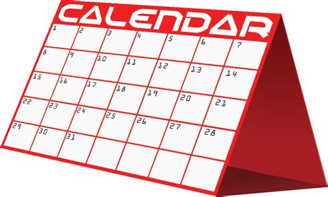 Red desktop calendar displaying numbered date grid with fold-out stand, showing a month layout for planning and scheduling
