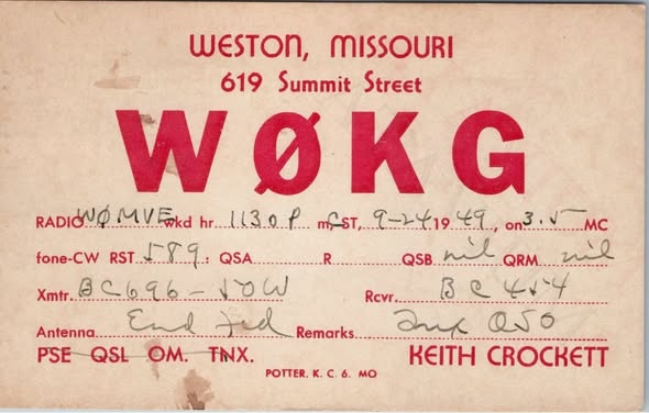 W0KG QSL Card - Weston, Missouri - Keith Crockett